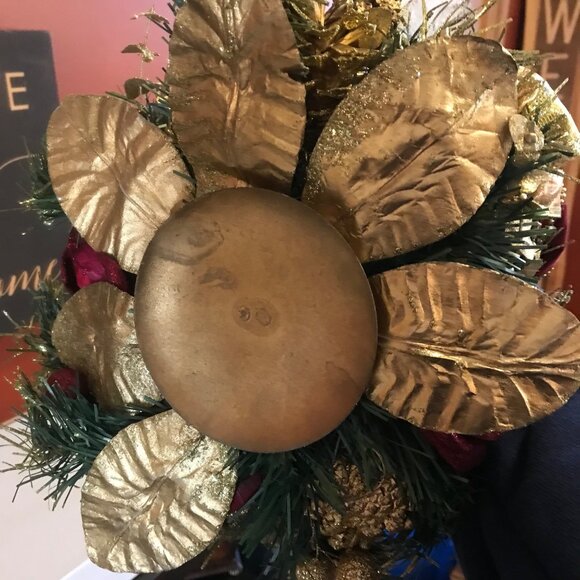 Festive Gold & Burgundy Christmas Candle Holder Centerpiece Decoration 11" tall - Picture 6 of 8